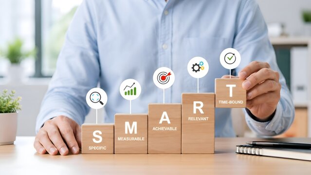 SMART goals planning concept with wooden blocks illustrating specific measurable achievable relevant time bound framework for business success and strategic management