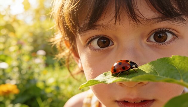Close up of a curious child looking at a ladybug on a green leaf. Young girl exploring nature in a sunlit garden. International Children's Day concept. Macro portrait of childhood discovery