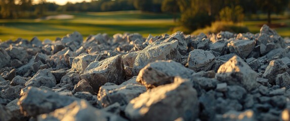 Fototapeta premium Industrial uses of explosion fractured white rock for landscaping and golf