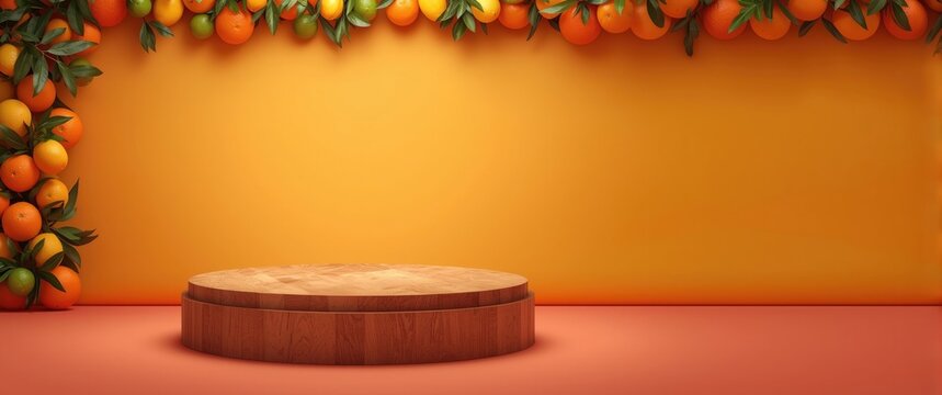 Showcase pedestal made of wood with colorful background and citrus fruit border