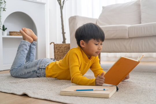 Asian boy lying on floor reading blank book learning at home, Home education, homeschool, childhood development, self study, elementary student knowledge, smart kid, literature and academic growth