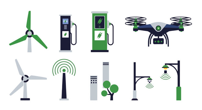 A collection of illustrations depicting renewable energy sources, smart city infrastructure, and modern technology elements like wind turbines, EV chargers, and drones.