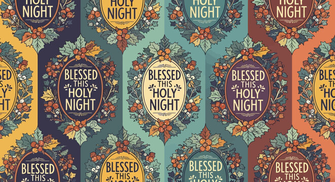 Retro Christmas Pattern with "Blessed This Holy Night" Wreaths and Holly Berries