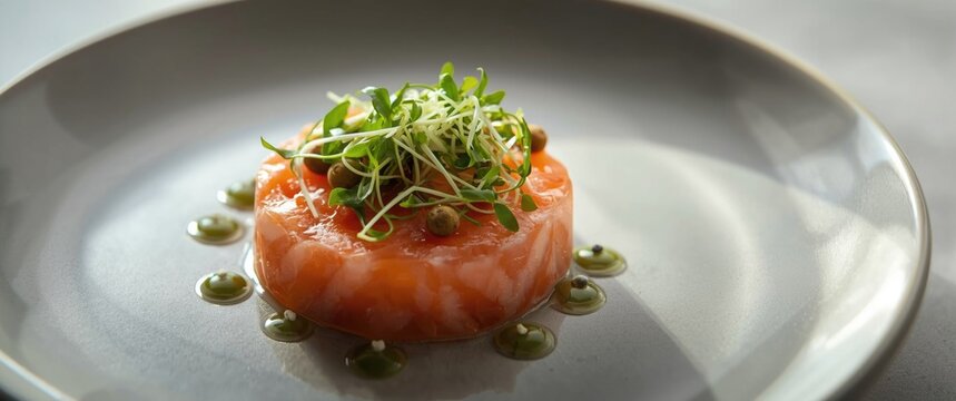 High angle photo of refined salmon and sea bream tartare garnished with green micro herbs and capers
