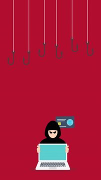 Hacker with laptop computer stealing confidential data, personal information and credit card detail. Hacking concept.	
