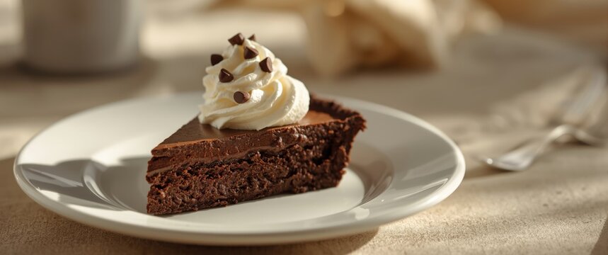 Indulgent chocolate mud pie served with a swirl of whipped cream and chocolate chip garnish on a white ceramic plate