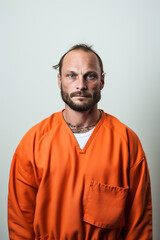 Obraz premium Portrait of a male inmate in an orange prison jumpsuit for criminal justice and legal concepts