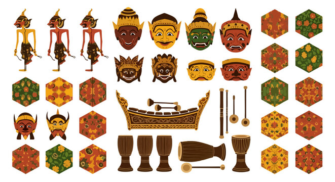 A comprehensive collection of traditional Indonesian cultural elements, including Wayang Kulit puppets, various masks, Gamelan musical instruments, and intricate batik patterns.