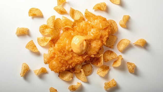 Crunchy golden fish with potato chips and tangy tartar sauce presented on white backdrop