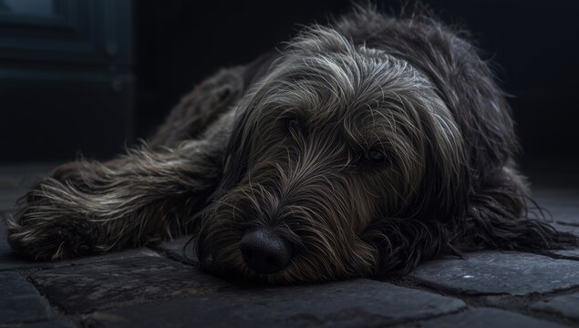 Tired Scottish deerhound with lazy eyes resting on a dark stone floor indoors