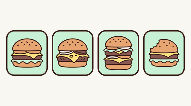 Four Burgers in a Row: Classic, Cheeseburger, Double Stack, and Bitten