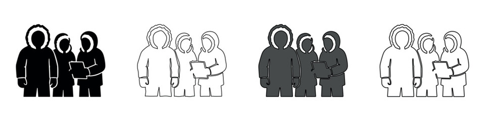 Three people in parkas gathered together looking at a tablet device © Ophelia