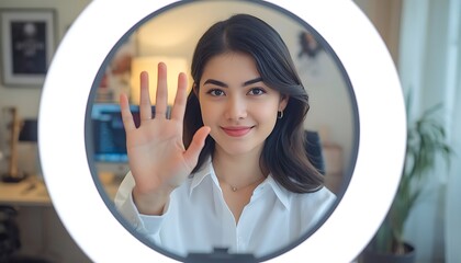Fototapeta premium Woman waving through a video call in a home office