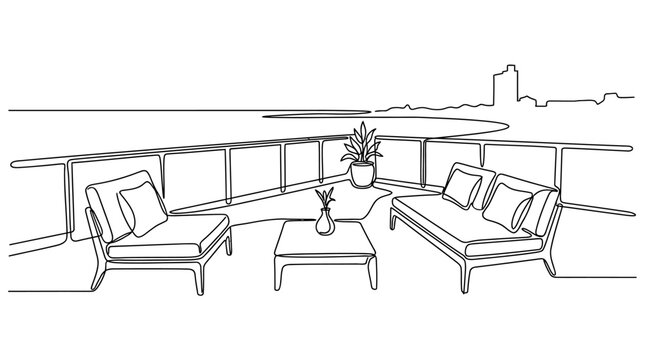 Outdoor patio furniture with city skyline and ocean view, minimalist line art sketch