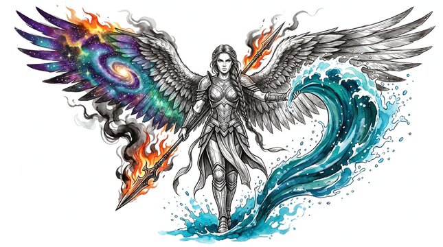 Ink drawing of female angel warrior in armor with galaxy wings holding a fiery spear and commanding water waves on white background