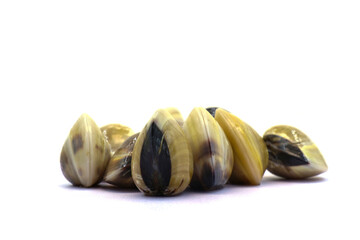 Closed up fresh baby clams. venus shell. shellfish. carpet clams. short necked clams. as raw food from the sea are the seafood ingredients. fresh clams isolated on white background © Pisan