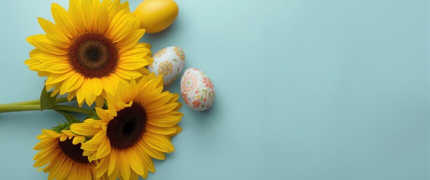 Sunflowers and painted Easter eggs on a blue background