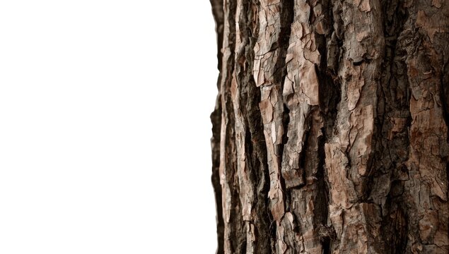 Natural tree bark close up isolated on white backdrop with clear copy space