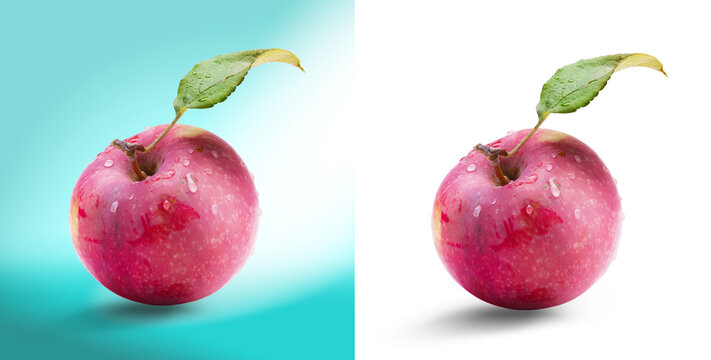 Fresh organic red apple with leaf isolated on transparent background, realistic neutral shadow for overlay on any colored background PNG asset