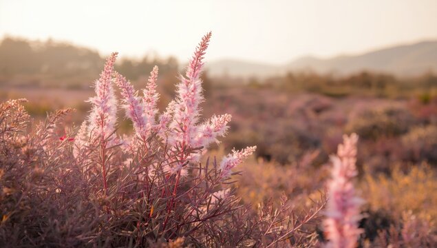 Landscape featuring Cotinus coggygria young lady smoke bush in bloom