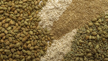 Obraz premium Various spices and grains arranged on a surface
