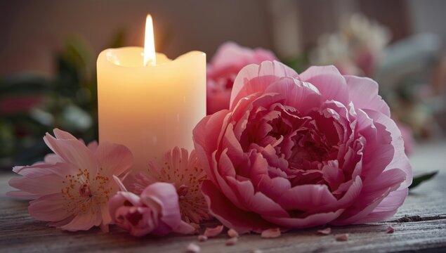 Pink peony flowers beside a lit candle on a wooden table