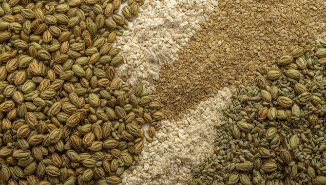 Various spices and grains arranged on a surface