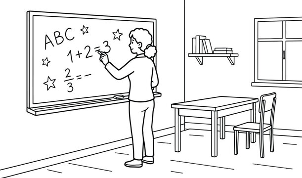 Female teacher writing math and alphabet on a chalkboard in a classroom setting