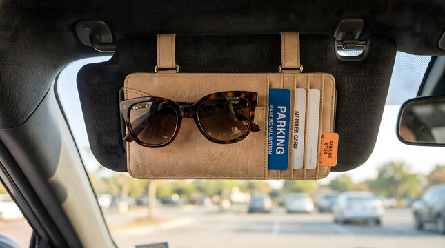 A beige leather car sun visor organizer pouch holding sunglasses, a parking permit, and membership cards inside a vehicle dashboard view
