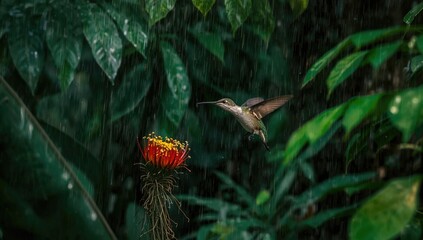 Fototapeta premium Hummingbird hovering near a vibrant flower in the rain