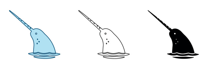 Simple cartoon narwhal icons in blue, outline, and black fill styles © Ophelia