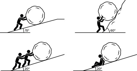 Hard Work Scenarios Stick Figure Set Showing Sisyphus Myth Metaphor with Teamwork Steep Inclines and Failure Concepts for Business Strategy Graphics © EdGe Creative