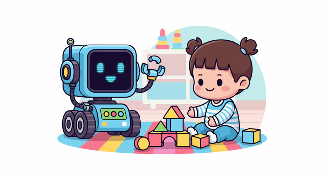 Cute robot and child playing with building blocks.