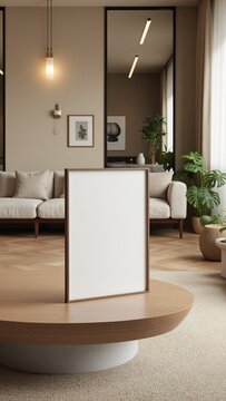 Modern Japandi Living Room ISO A0 Frame Mockup on Reflective Glass Coffee Table