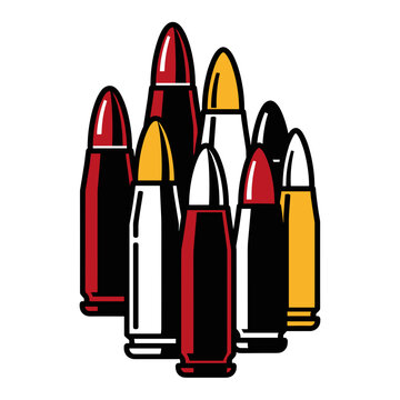 Stylized illustration of a cluster of various handgun and rifle bullets