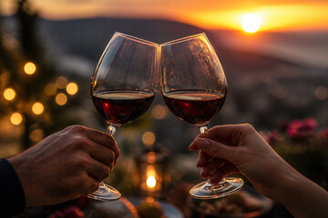 Fototapeta premium Two hands holding wine glasses filled with red wine against a backdrop of a sunset over rolling hills.