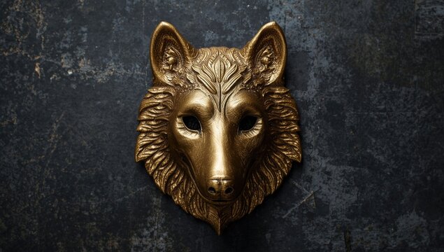 Gold wolf mask on a dark textured background