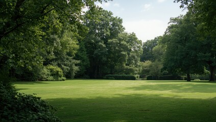 Obraz premium Lush green lawn surrounded by trees in sunlight