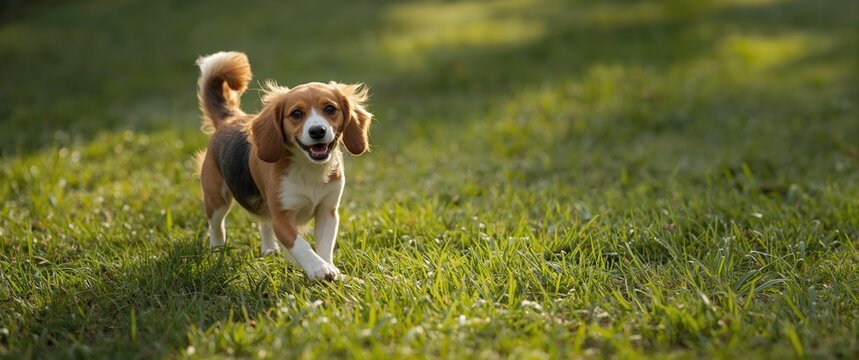 Playful beagle dog frolicking on dense green grass lawn with summer sunlight