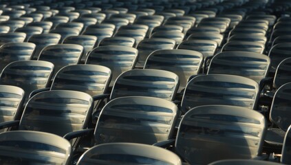 Fototapeta premium Rows of empty metal chairs aligned for a commercial gathering with sunlight and striped design