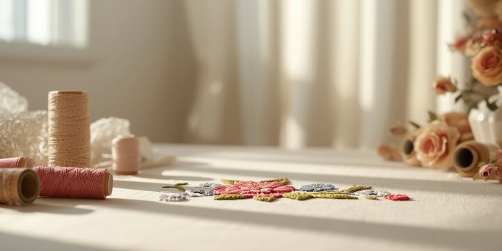 Embroidery threads and floral design on a table