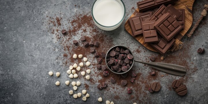 High angle composition of hot chocolate making ingredients including ruby white and dark chocolate chips plus glass of milk on gray
