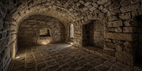 Obraz premium Stone interior of an ancient dungeon with arched ceilings