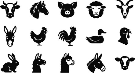 Obraz premium Farm Animal Silhouette Vector Icon Set Featuring Livestock Heads Domestic Species and Rural Agriculture Symbols for Branding Design