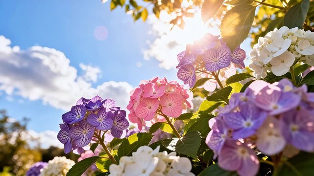 Colorful hydrangea flowers in sunlight