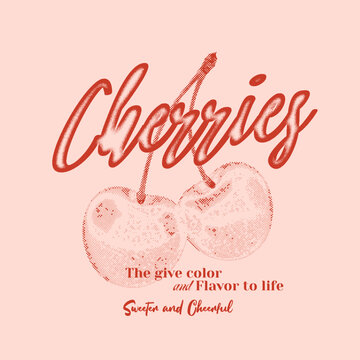 Cherry Tee Shirt Design. hand Drawing Cherry Artwork. summer fruit print design. kid's, girl, women, clothing prints. 