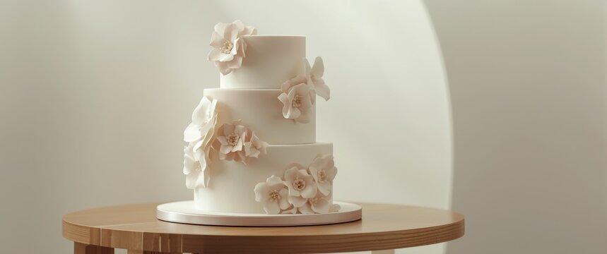 Refined three-layer wedding cake featuring intricate floral mastic decorations on a pristine wooden table with copy space