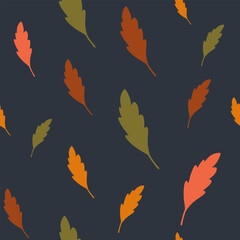 Cozy autumn seamless pattern with colorful falling leaves on dark grey background, scandinavian style foliage vector texture for textile © Нигина Раджабова