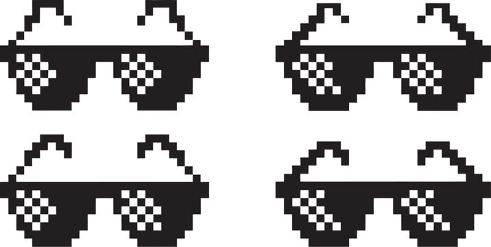 Thug Life glasses black pixel-style meme sunglasses vector illustration featuring retro 8-bit design for internet culture, gaming and humorous graphic concepts.