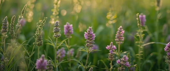 Fototapeta premium Purple wildflowers growing in a lush green field